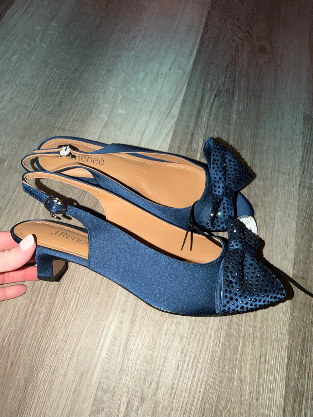 J.Renee Navy Satin Slingback Kitten Heels with Embellished Bow